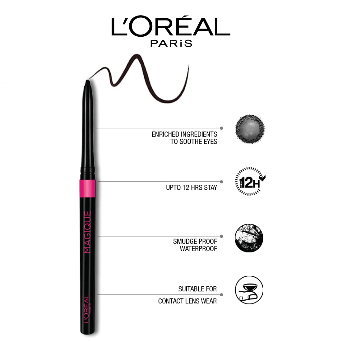 L'Oréal Paris Kajal, Waterproof Eyeliner, 14 Hours of Smudge-Proof Wear, With Vitamin E, Cocoa Butter, Olive Oil Esters and Vitamin C, Magique, Pack of 2, 0.35 + 0.35 gm
