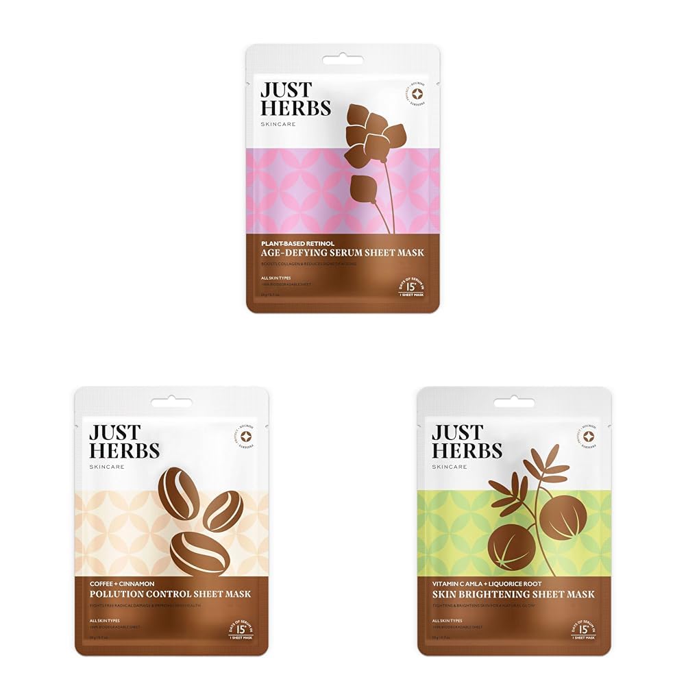Just Herbs Sheet Mask Glowing Skin Serum Masks & Just Herbs Sheet Mask Glowing Skin Serum Masks, 20g & Just Herbs Sheet Mask Glowing Skin Serum Masks, 20g (Vitamin C Amla, Liquorice Root)