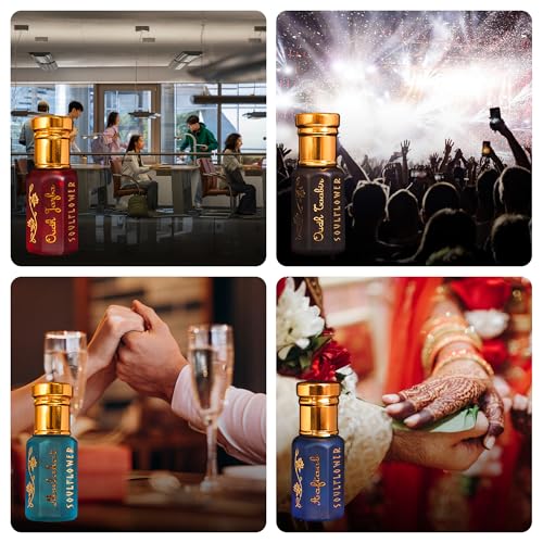 Soulflower Premium Attar Set Alcohol Free luxury Perfume Roll On Gift Hamper for Men & Women, Combination of Fragrance Oudh, Musky, Woody, Floral, Amber, Fresh & Spicy, Set of 4 (5ml Each)