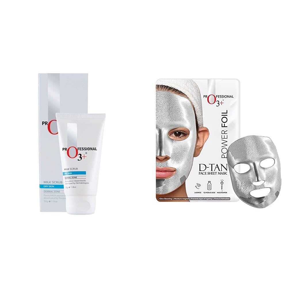 O3+ Milk Scrub Enriched with Macadamia Nuts Extracts for Clean & Bright Complexion & O3+ Power Foil D-Tan Face sheet mask for Skin Brightening Face Mask For Glowing Skin Combo