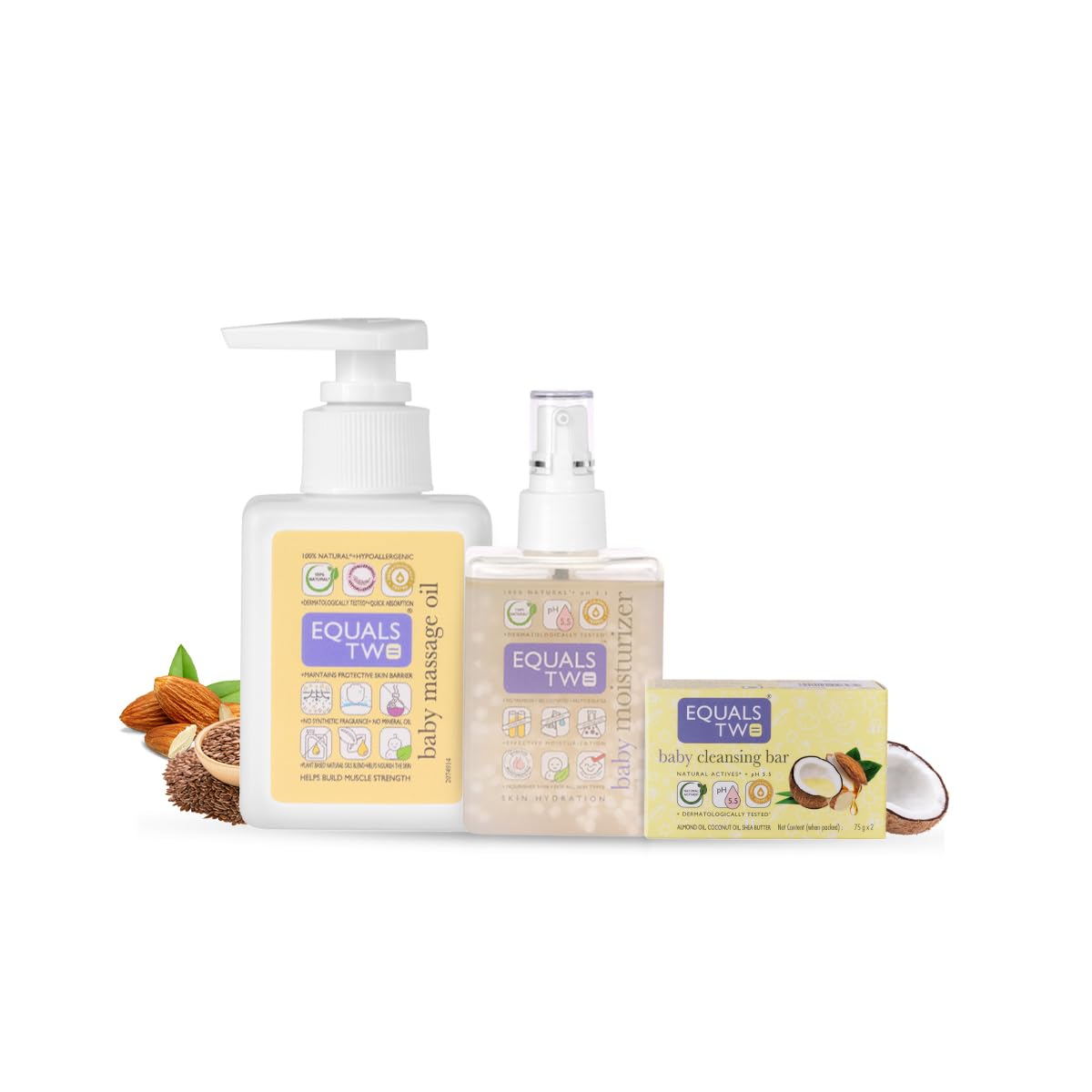 EQUALSTWO Baby Care Combo of Massage Oil (100ml) + Baby Cleansing Bar (75gm x 2) + Baby Moisturizer (200ml), All Skin Types, Hypoallergenic & Dermatologically Tested, Pack 3