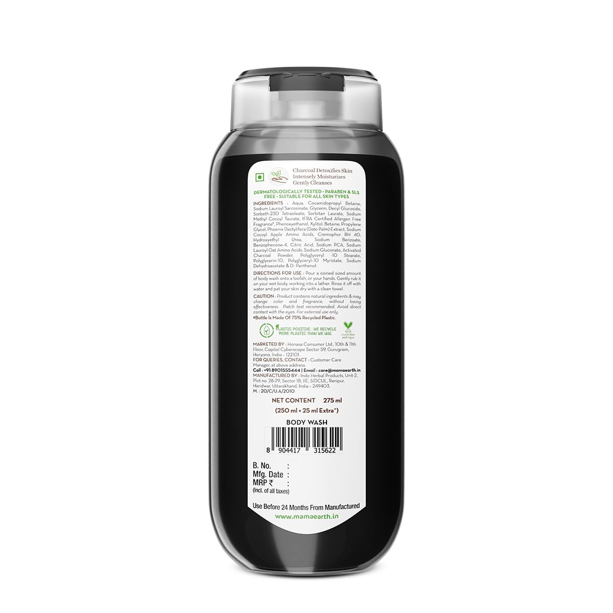 Mamaearth Charcoal Moisturizing Body Wash with Activated Charcoal & Energizing Mint Scent for Skin Detoxification-275ml | Deeply Cleanses |Intensely Moisturizes |Long-Lasting Fragrance |All Skin Types