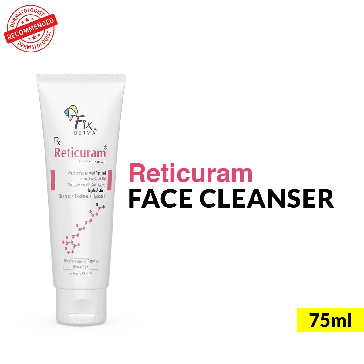 Fixderma 0.05% Retinol Reticuram Face Cleanser for All Skin Types, Anti Ageing, Retinol Face Cleanser, Regulates Sebum Production, Deep Pore Cleansing, Soap Free face wash with jojoba oil - 75ml