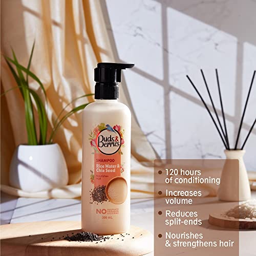Buds & Berries Rice Water and Chia Seeds Nourishing Shampoo | Strengthens Hair, 120 Hours of Conditioning | Sulfate-Free, Paraben-Free, Silicone-Free (300 ml)
