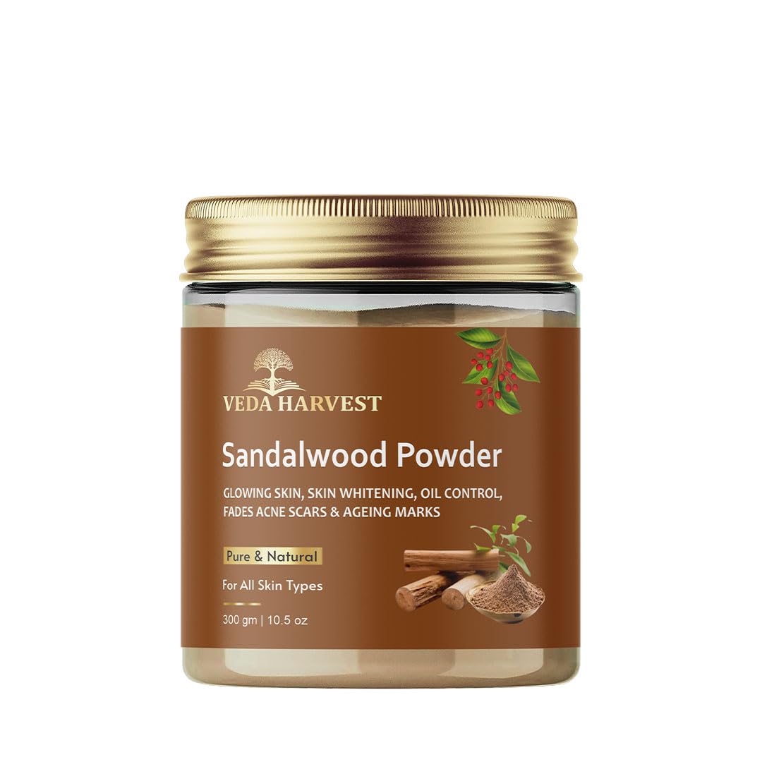 Veda Harvest Sandalwood Powder 300gm for Glowing skin,De Tan, Oil Control, Fades Acne Scars & Ageing Marks | Chandan Powder | Sandalwood powder for face pack |