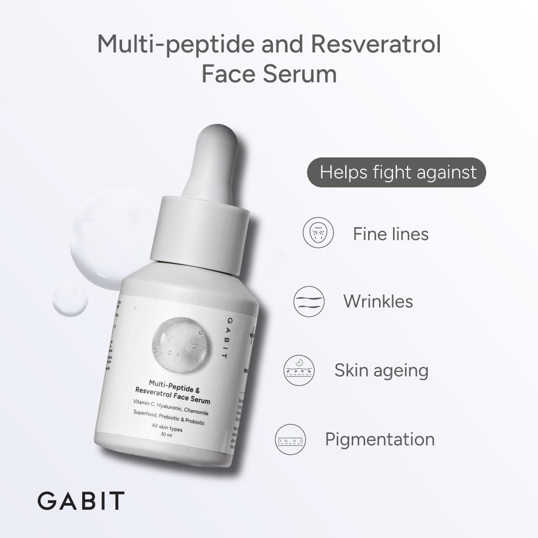 Gabit Multi-Peptide & Resveratrol Pro-ageing Serum For Wrinkles, Fine Lines, Dark Spots | Boosts Collagen | Normal, Oily, Dry, Sensitive Skin Types |Vit-C, Hyaluronic, Chamomile |For Women & Men, 30 ml