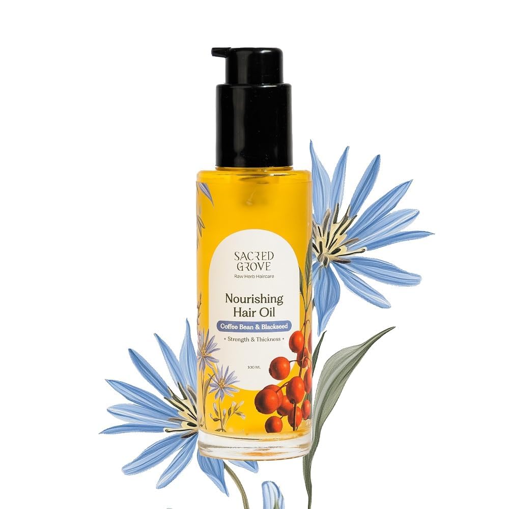 Sacred Grove Nourishing Oil | Improves Hair Texture & Prevents Split Ends | Coffee Bean, Blackseed & Safflower Oil | Made with 6 Potent Raw Herbs Oil | Makes Hair Strong, Shiny & Manageable | 100ml
