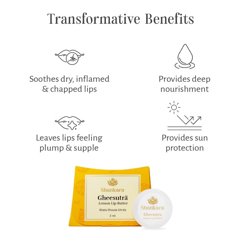 Shankara Gheesutrā Lemon Lip Butter, Ayurvedic Lip Balm for Soothing Dry, Inflamed, and Chapped Lips - Nourishment, Moisturizing, and Hydration up to 12 Hours - (Pack of 1) - 3ml