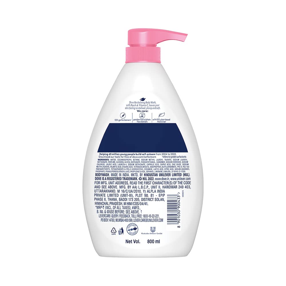 Dove Revitalizing Bodywash scented with peach and infused with Vtamin C to hydrate your skin, 100% gentle cleansers, paraben free/sulphate free cleansers, 100% plant- based moisturisers, 800ml