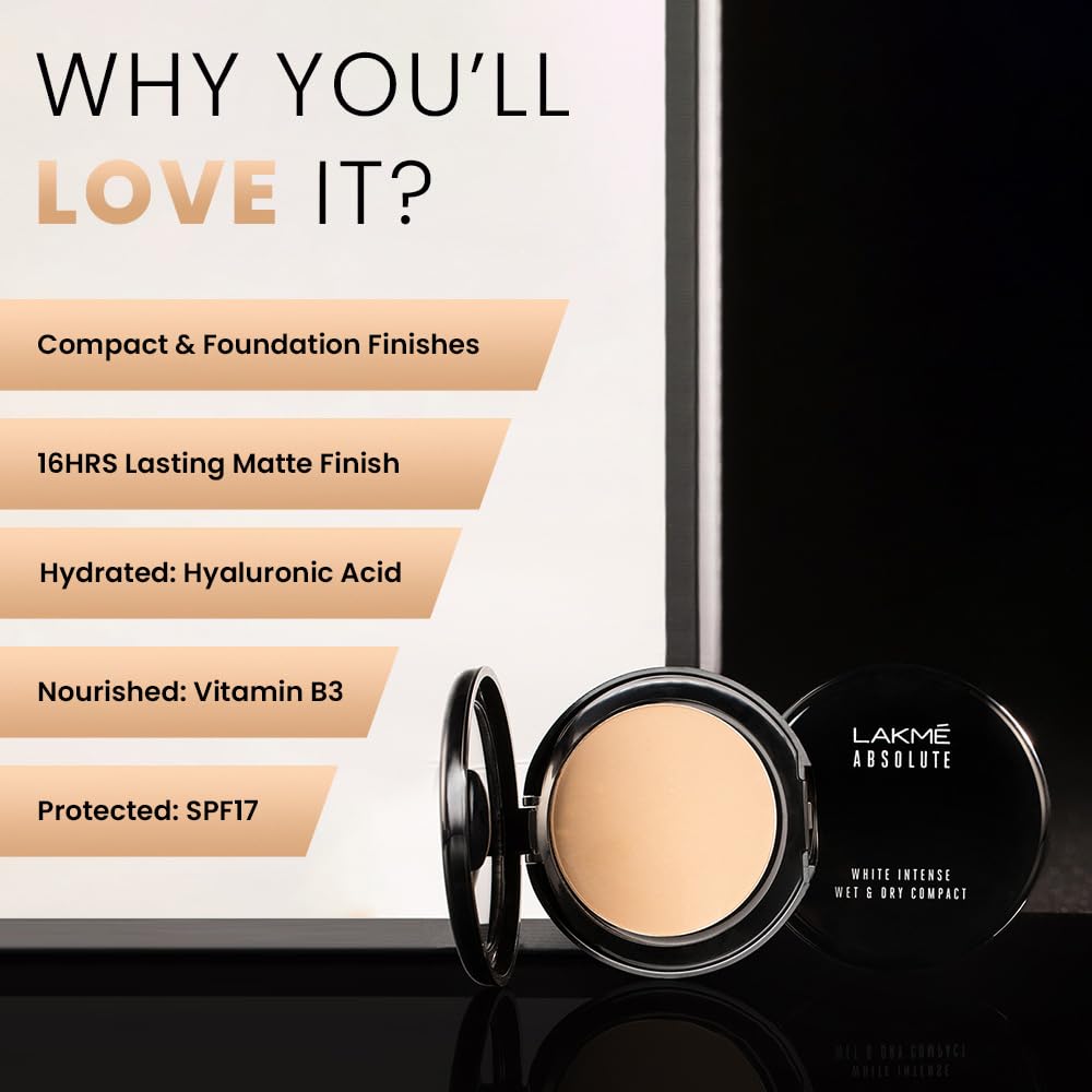 Lakmé Absolute White Wet & Dry Compact Powder, Golden Light, Spf 17, Long Lasting Face Makeup For A Natural Glow -Foundation Powder For Women, 9 G