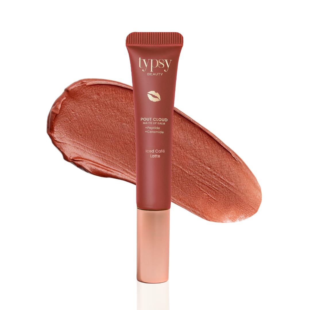 Typsy Beauty Pout Cloud Matte Lip Balm | Blurring Finish, Tinted Lip Balm with Peptides, Ceramides & Vitamin C & E | Rich colour payoff with long-lasting stain I Nude Brown - Iced Café Latte 03 | 8g