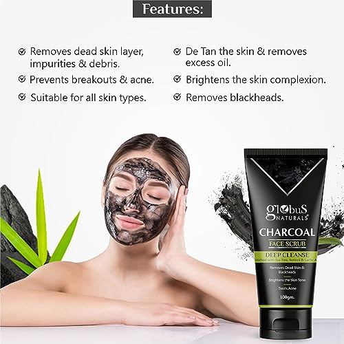 Globus Naturals Charcoal Face Scrub Enriched with Tea Tree, Retinol & Lactic Acid for Exfoliation, Acne & Blackhead Removal, 100 gm