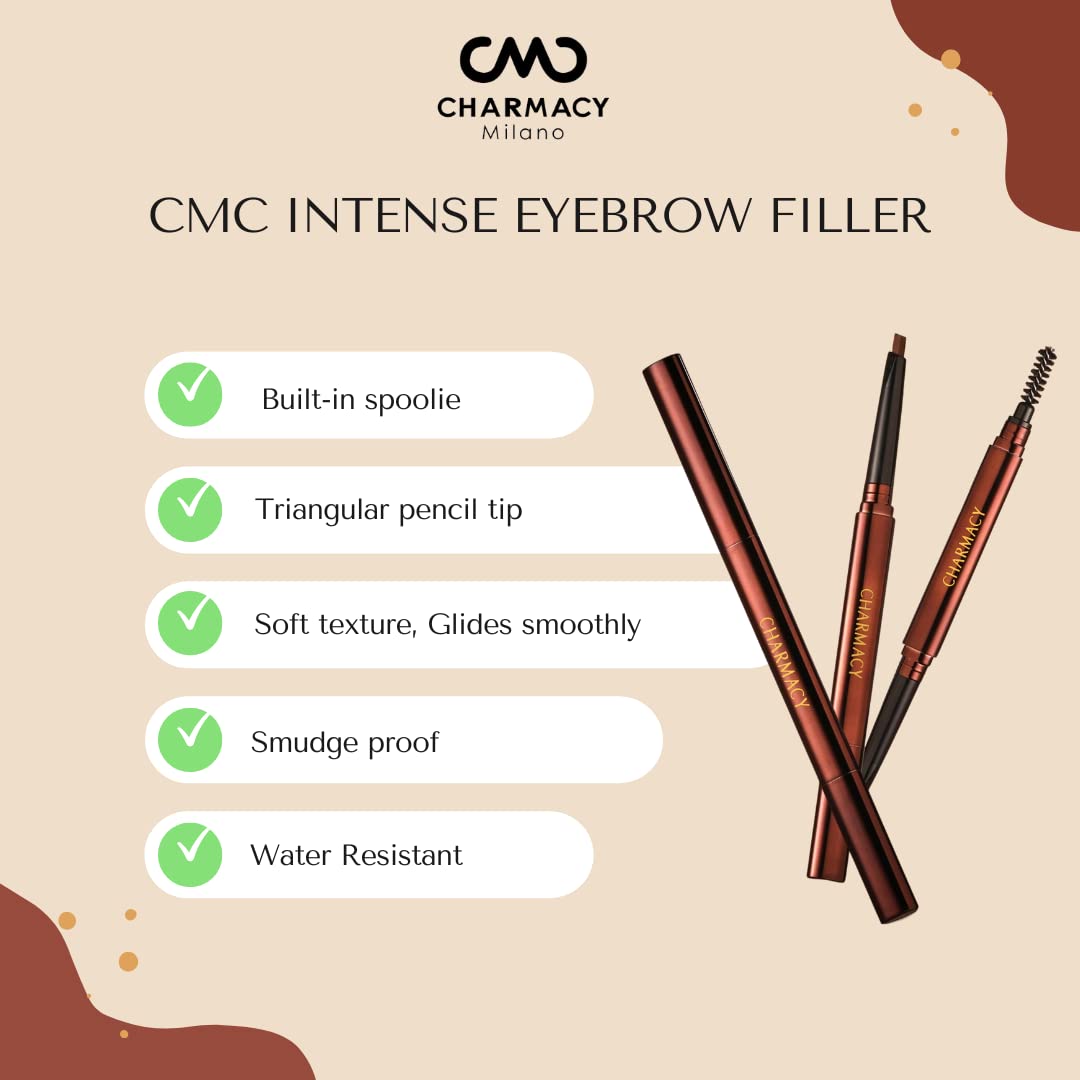 Charmacy Milano Intense Eyebrow Filler (Black) - 0.3 g, Natural Brows, Built in Spoolie Brush, Dual Function, Sweat Resistant, Triangular Pencil Tip, Eyebrow Expert, Vegan, Cruelty Free, Non-Toxic