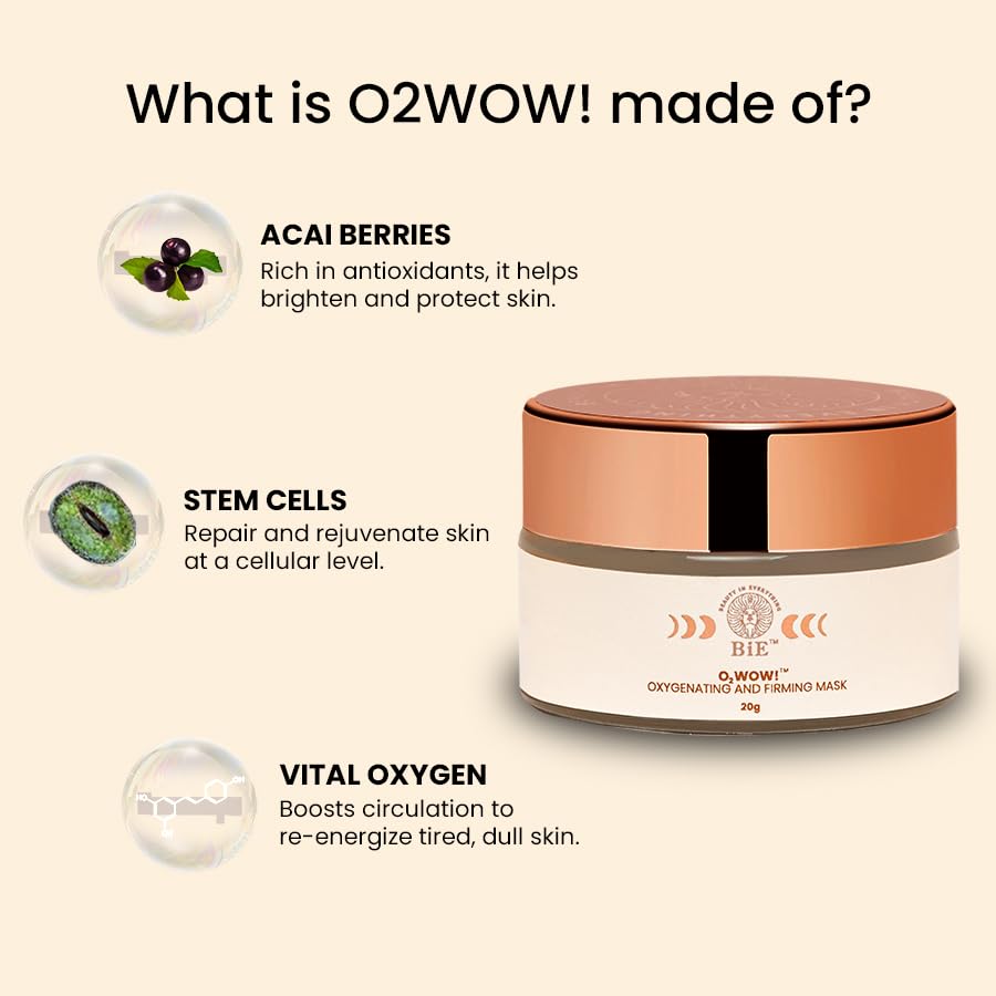 BiE O2WOW Oxygenating & Firming Face Mask | Detan, Pigmentation & Dark Spot Care | Instant Tan Removal | Acai Berry, Ginseng Stem Cells & Vital Oxygen | All Skin Types | 20gm