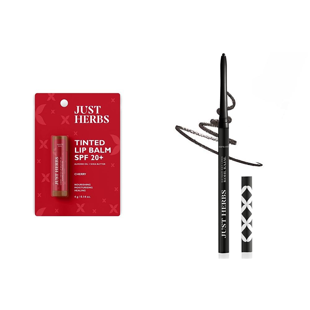 Just Herbs Tinted Lip Balm 4 g (Cherry) & Just Herbs Retractable 2 in 1 Herbal Eyeliner + Kajal - Black 0.3g Combo