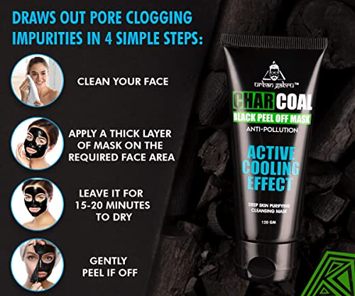 UrbanGabru Charcoal Black Peel Off Mask for Men & Women | Removes Blackheads and Whiteheads | Active Cooling Effect | Deep Skin Purifying Cleansing (120 g)