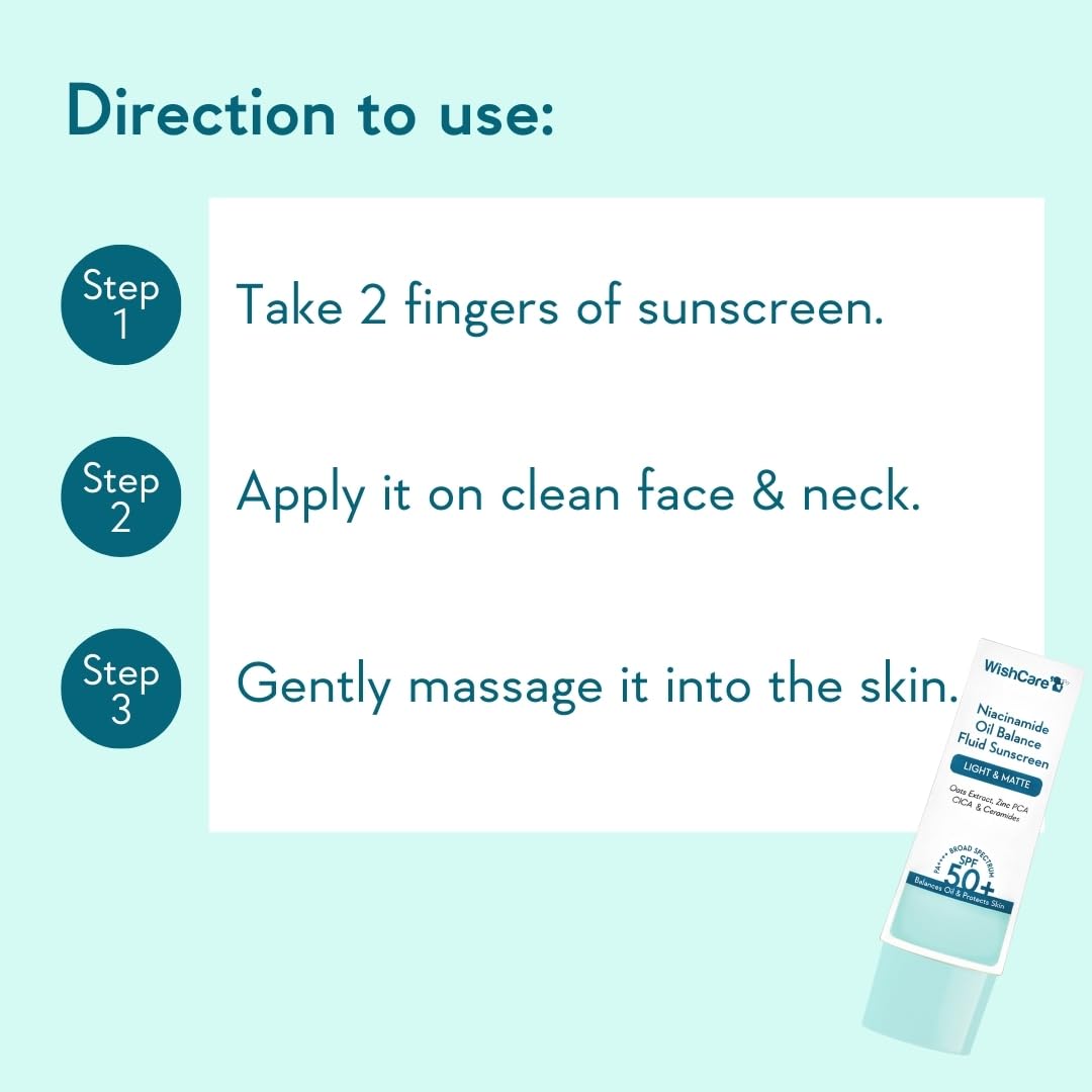 WishCare 5% Niacinamide Oil Balance Fluid Sunscreen SPF 50 PA++++ with 8 Hrs+ SPF Protection- Lightweight Matte Sunscreen SPF 50 for Oily Skin & No White Cast 50g