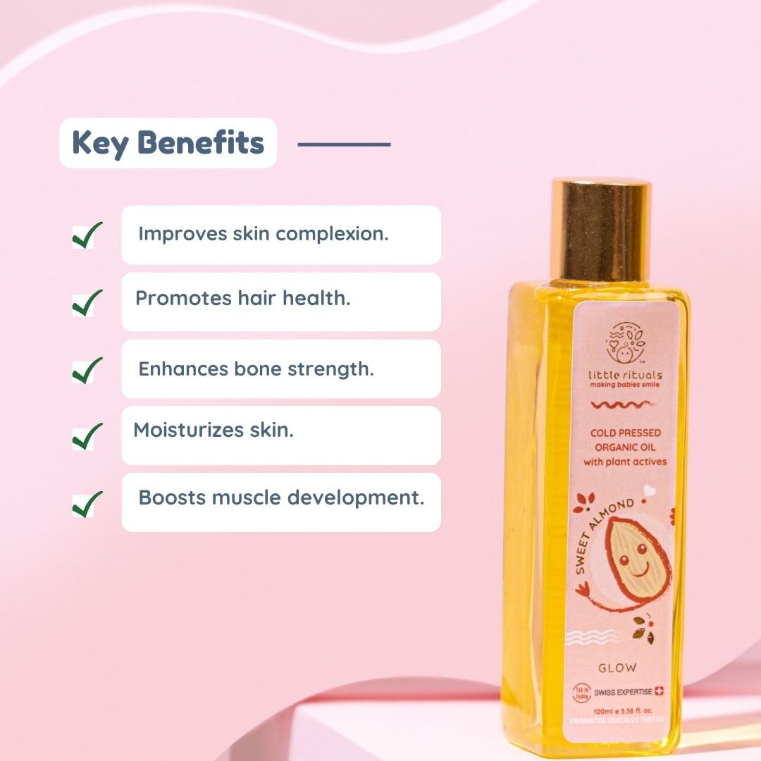 Little Rituals SWEET ALMOND (BADAM OIL) Baby Massage Oil and Hair oil, Cold Pressed and Certified ORGANIC with SWISS Plant Actives. Dermatologist Tested by Pediatrics, Mild & Gentle & Safe (200 ML)