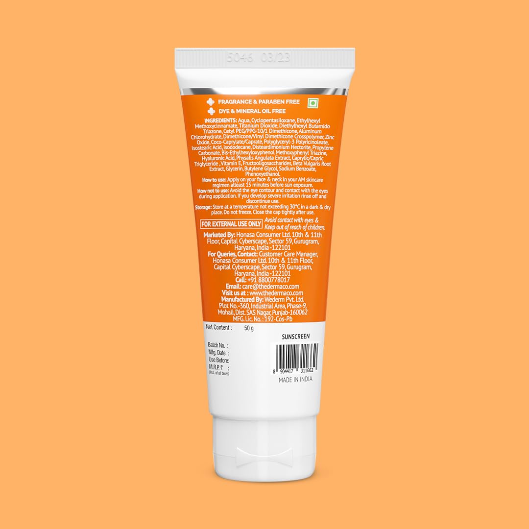 The Derma Co 1% Hyaluronic Long Lasting Sunscreen Spf 50 Pa++++|With Hyaluronic Acid & Vitamin E|For Broad Spectrum|Upto 6H Sun Protection|Water & Sweat Resistant|No Reapplication Needed|50G, All