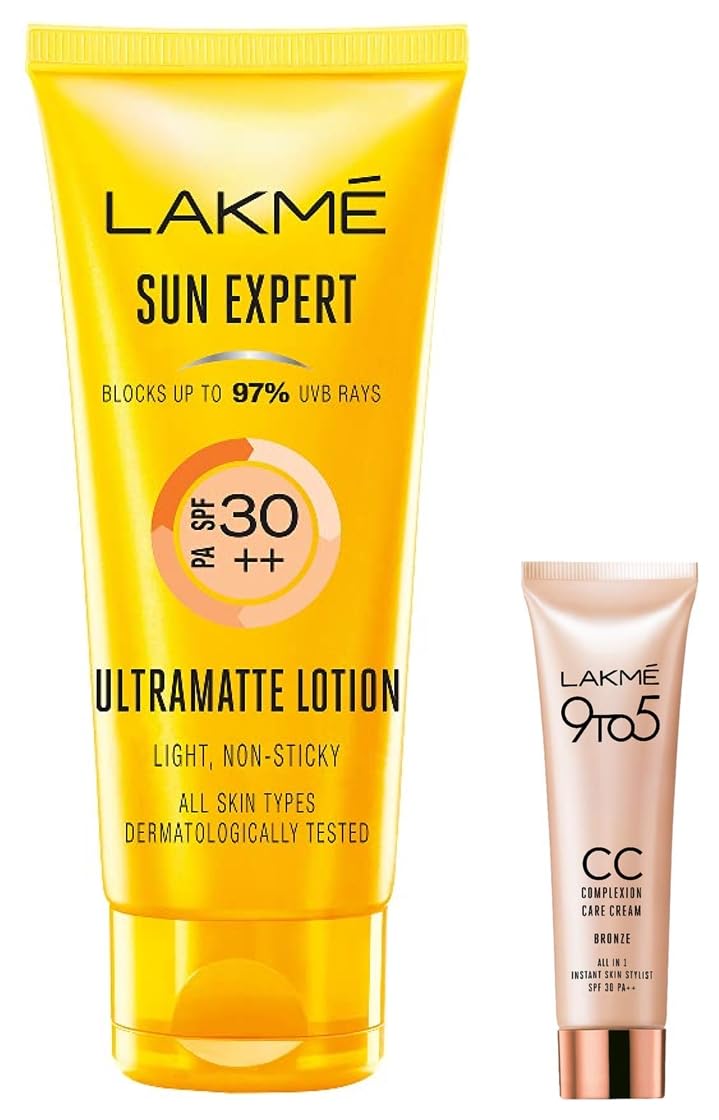 Lakmé Sun Expert Spf 30 Pa++ Ultra Matte Lotion Sunscreen, 50 Ml & 9 To 5 Complexion Care Face Cc Cream, Bronze, Spf 30, Conceals Dark Spots & Blemishes, 9G - All Skin Type