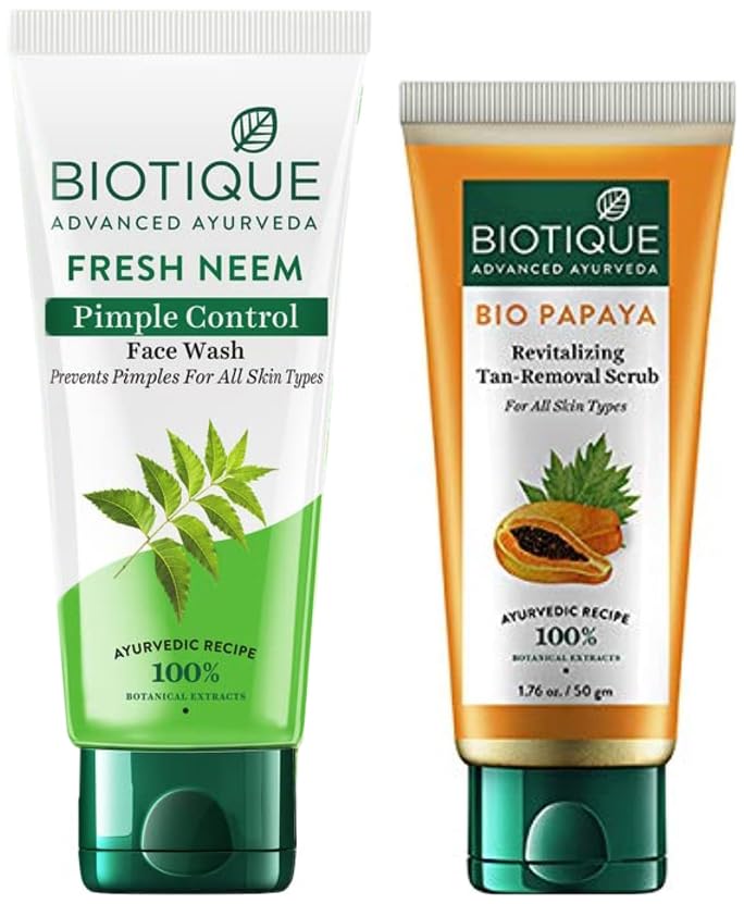 Biotique Bio Papaya Revitalizing Tan Removal Scrub, 50g And Biotique Bio Neem Purifying Face Wash for All Skin Types, 150ml