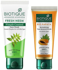 Biotique Bio Papaya Revitalizing Tan Removal Scrub, 50g And Biotique Bio Neem Purifying Face Wash for All Skin Types, 150ml