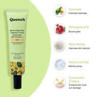 QUENCH BOTANICS Quench Daily Defense Tinted Sunscreen SPF 50 PA+++ for Glowing Skin with Avocado & 2% Niacinamide | Normal Blue Light Protection | Satin-Matte Finish | Made in Korea (Light, 50ml)