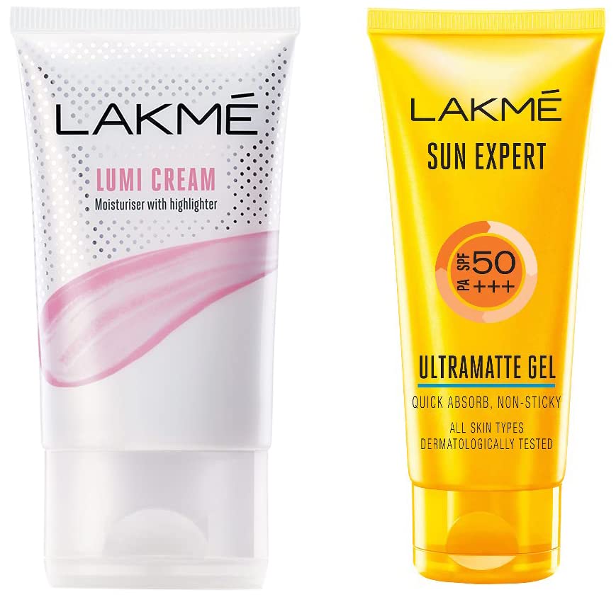 Lakmé Sun Expert SPF 50 Gel, 100 g & Lakmé Lumi Cream,Moisturizer with highlighter, Enriched with Niacinamide for all skin type,30 gm