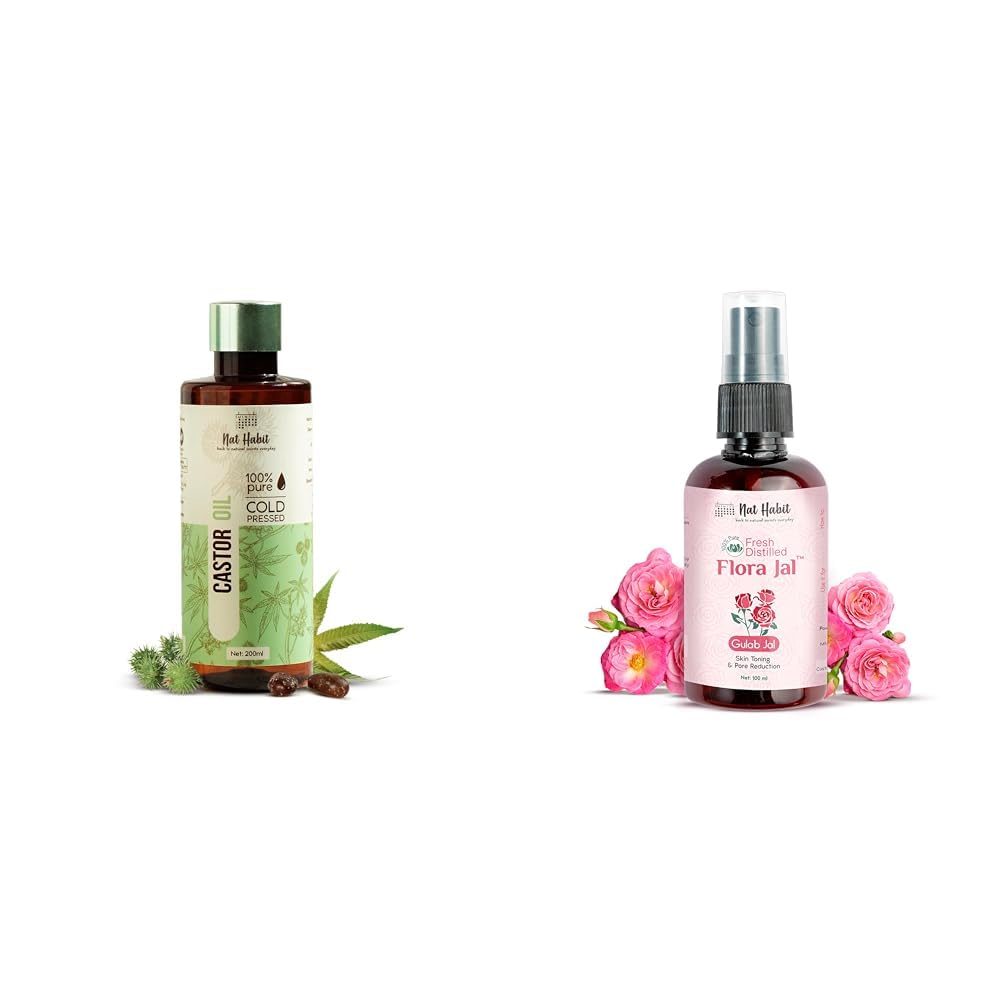 Nat Habit Cold Pressed Oil Combo Castor Hair Oil 200 ml and Pure Gulab Flora Jal (Toner) 100 ml-With Vit-E & Anti-Inflammatory Properties For Hair Care & Skin Care