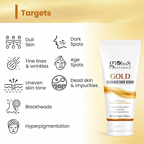 Globus Naturals Gold Radiance Anti Ageing & Brightening Face Scrub Enriched with Saffron, Liquorice & Walnut, 100 gms