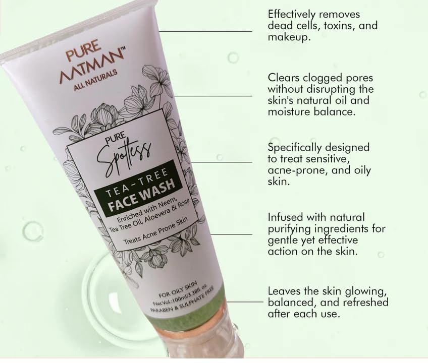 Pure Aatman Tea Tree Deep Pore Cleanser with Neem & Basil | Acne Control, Oil Balance & Skin Purifying facewash| Sulfate-Free, Natural Face Wash for Oily & Acne-Prone Skin