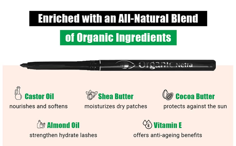 Organic Netra Pure Black Pencil Kajal Waterproof, Smudgeproof and Long Lasting Upto 12Hrs Enriched With All Natural Ingredients, Intense Colour, Matte Finish