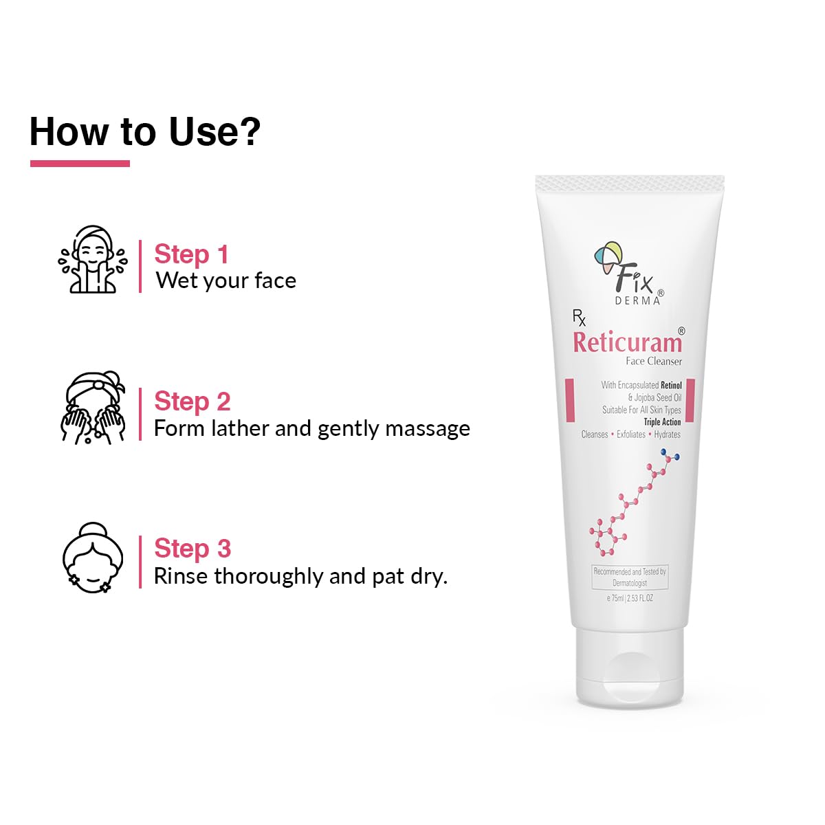 Fixderma 0.05% Retinol Reticuram Face Cleanser for All Skin Types, Anti Ageing, Retinol Face Cleanser, Regulates Sebum Production, Deep Pore Cleansing, Soap Free face wash with jojoba oil - 75ml