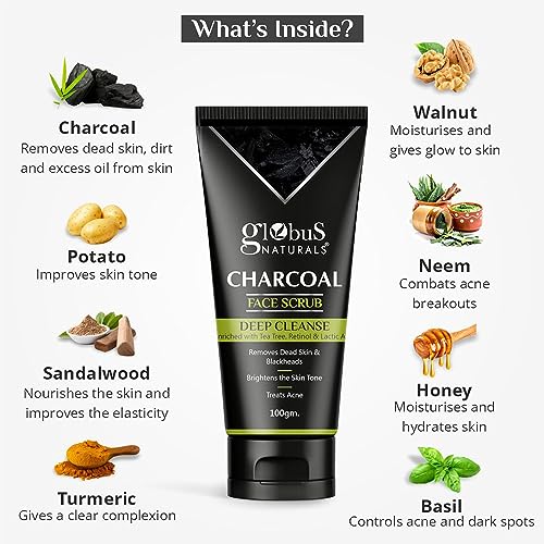 Globus Naturals Anti Pollution & Anti Acne Charcoal Face Scrub, Detox & Deep Cleanse Formula, Fights Pollution and De-Tans skin, For Men with Oily & Acne Prone Skin, 100 gms