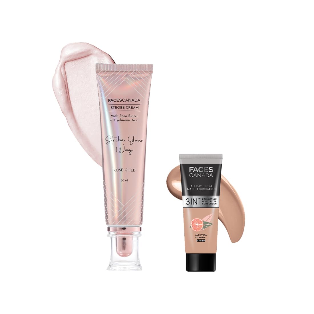 FACESCANADA Rose Glow Kit Medium Coverage Rose Gold Strobe Cream (30Ml) + Warm Natural All Day Hydra Matte Mini Foundation (15Ml) Makeup Kit For Women (Combo Pack Of 2)