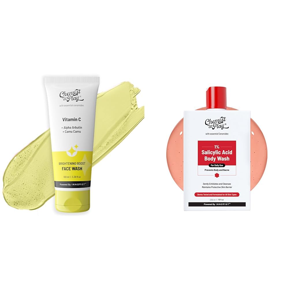 Chemist At Play Brightening Boost Face Wash with 30x Vitamin C For Men & Women | Vegan | SLS & Paraben Free | 100 ml 1% Salicylic Acid Body Wash 236ml Prevents Body Acne,Skin & Deep Cleanses Skin