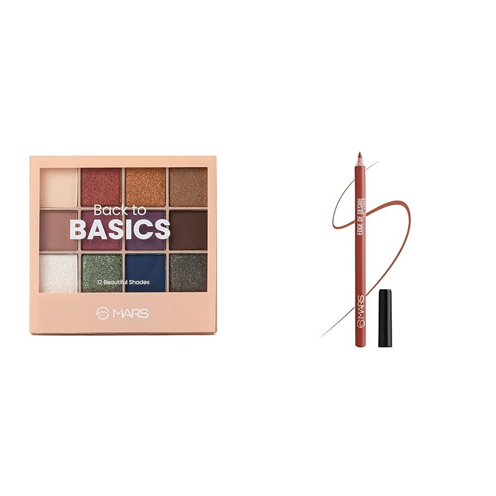 MARS 12 Shades Back to Basics Eyeshadow Palette with Free Applicator (14.4 gm) (Shade-01) Matte Lip Liner | One Swipe Smooth Application | Long Lasting Lip Pencil (1.4gm) (15-MUDDY BRICK)