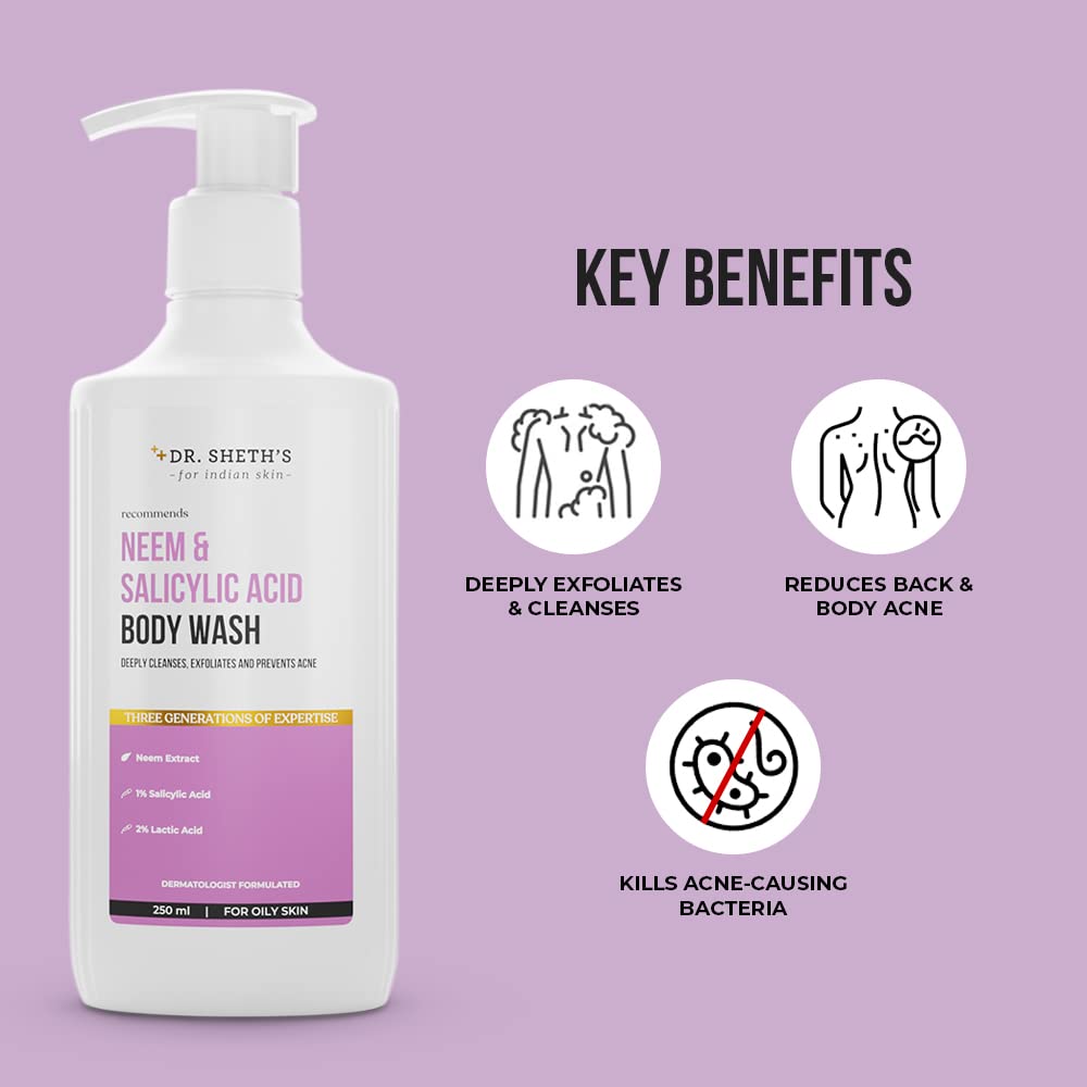 Dr. Sheth's Neem & Salicylic Acid Body Wash for Body Acne | Anti-bacterial AHA BHA Body Wash | 2% Lactic Acid, 1% Salicylic Acid & Neem Extract | Suits All Skin Types | Men & Women | 250 mL