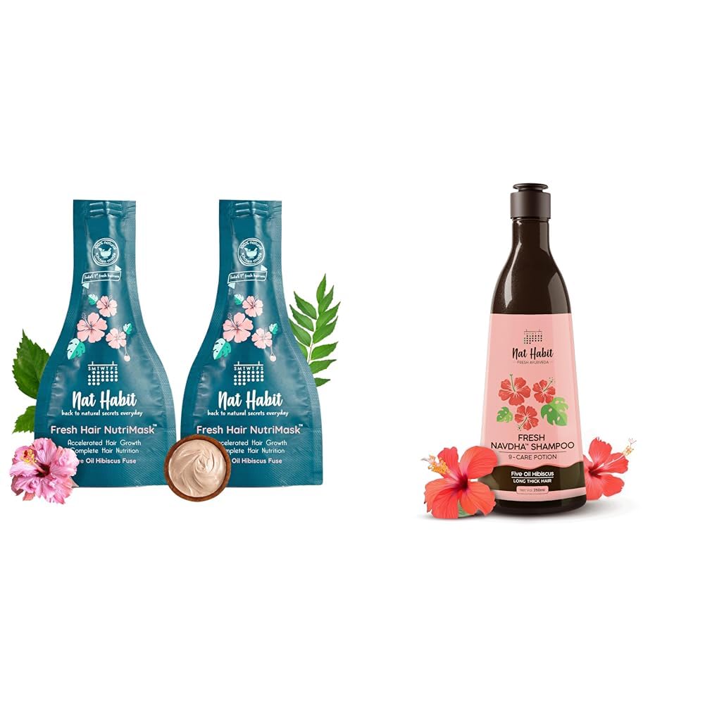 Nat Habit Five Oil Hibiscus Nutrimask-Hair Mask For Growth, Conditioning, Smoothening, Strengthen & Shine And Navdha Hair Growth Natural Shampoo With 5 Oils And Hibiscus 250 Millilitres