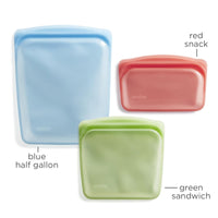 Stasher Reusable Silicone Storage Bag, Food Storage Container, Microwave and Dishwasher Safe, Leak-free, Bundle 3-Pack, Blue + Red + Green Green + Red + Blue