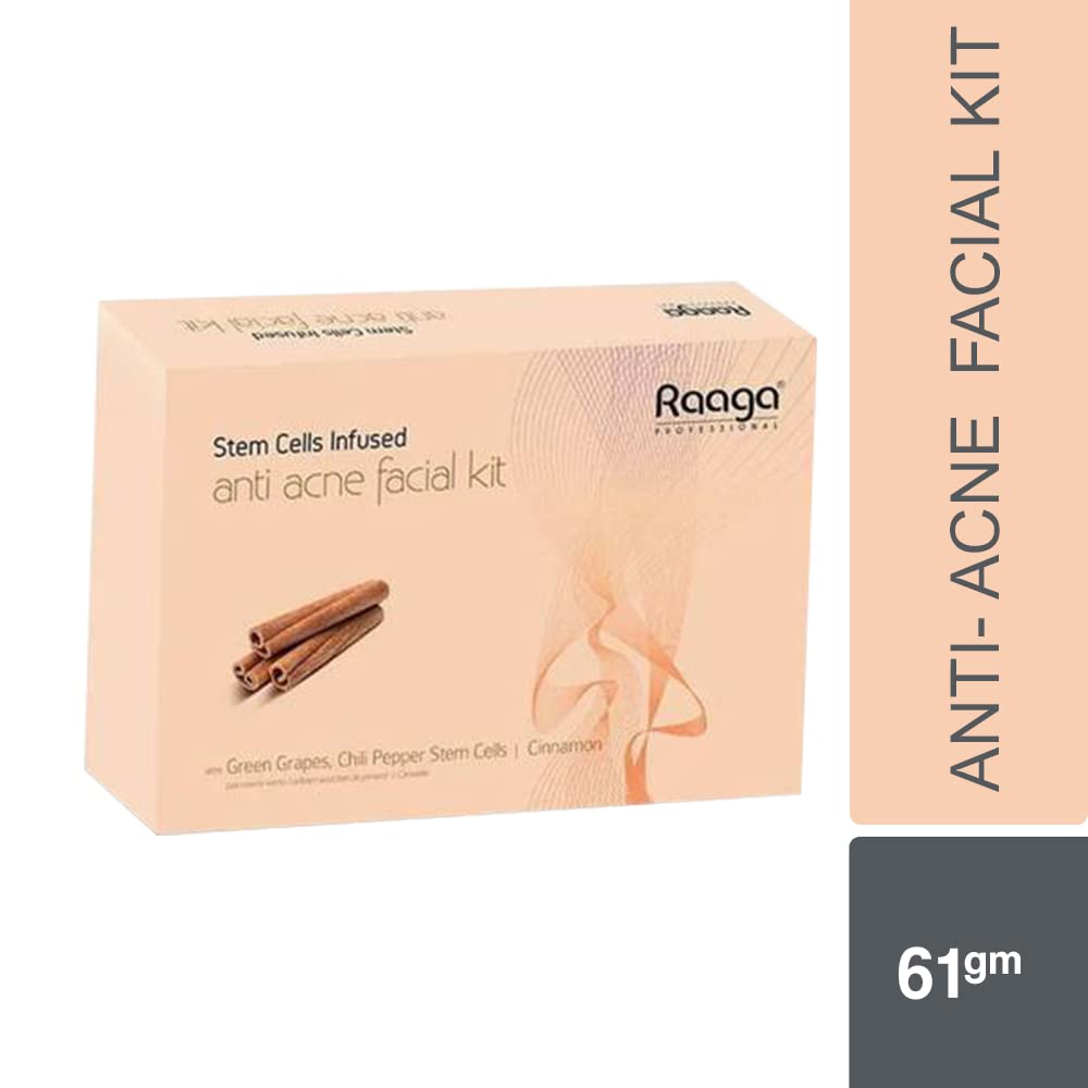 Raaga Professional Stem Cells Infused Anti Acne 6 Step Facial Kit | Cinnamon, Green Grapes, Chilli Pepper Stem Cells | Fights Inflammation | All Skin Types (61 gm)
