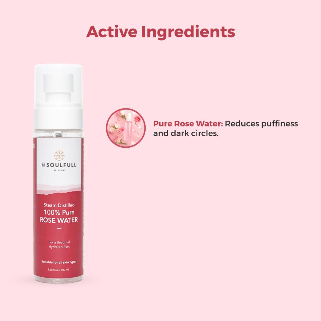 Be Soulfull Rose Elixer 100% pure Rose water Mist - 100ml/1.76 Fl Rich in antioxidants, it soothes, calms, and balances skin. Suitable for all types, it hydrates & moisturises the skin. 100ml/1.76 Fl oz
