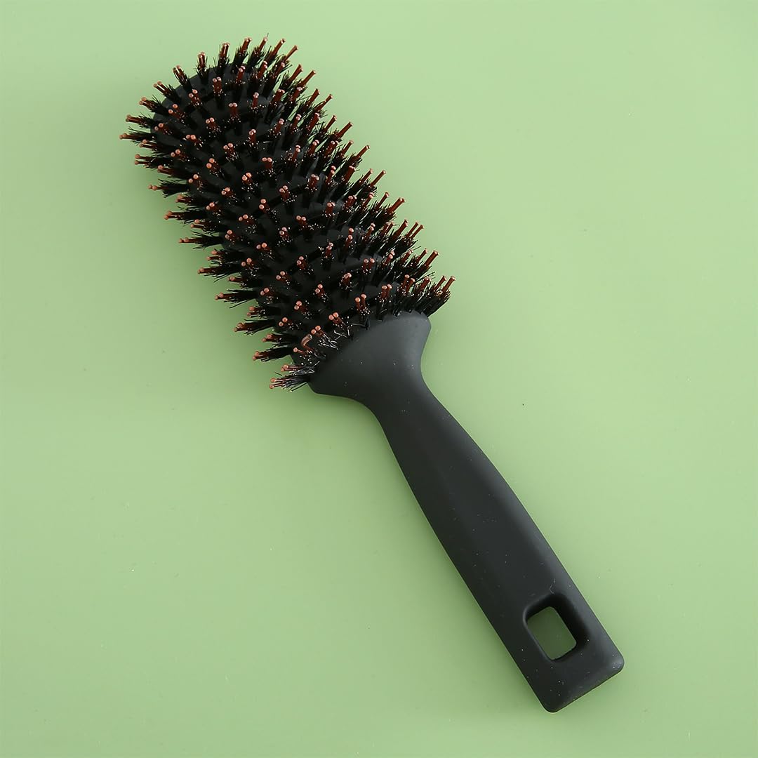 Rey Naturals Round Vented Hair Brush for men and women | Quick Drying & Pain Free Detangling | hair care products | Hair comb | Flexible Nylon Bristles (Black)