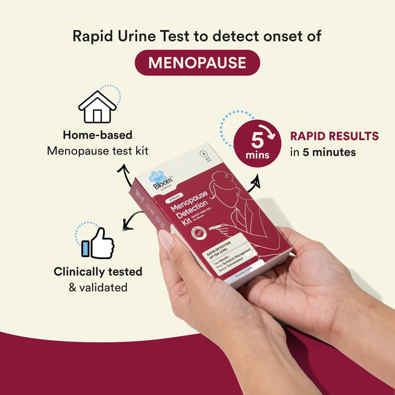 Bloom Menopause Detection Kit | 3 Test Kits (Pack of 1) | For Menopause Symptoms like Breast Pain, Hot Flashes & Irregular Periods | Rapid Detection of FSH Levels | Home-Based Urine Test Kit |