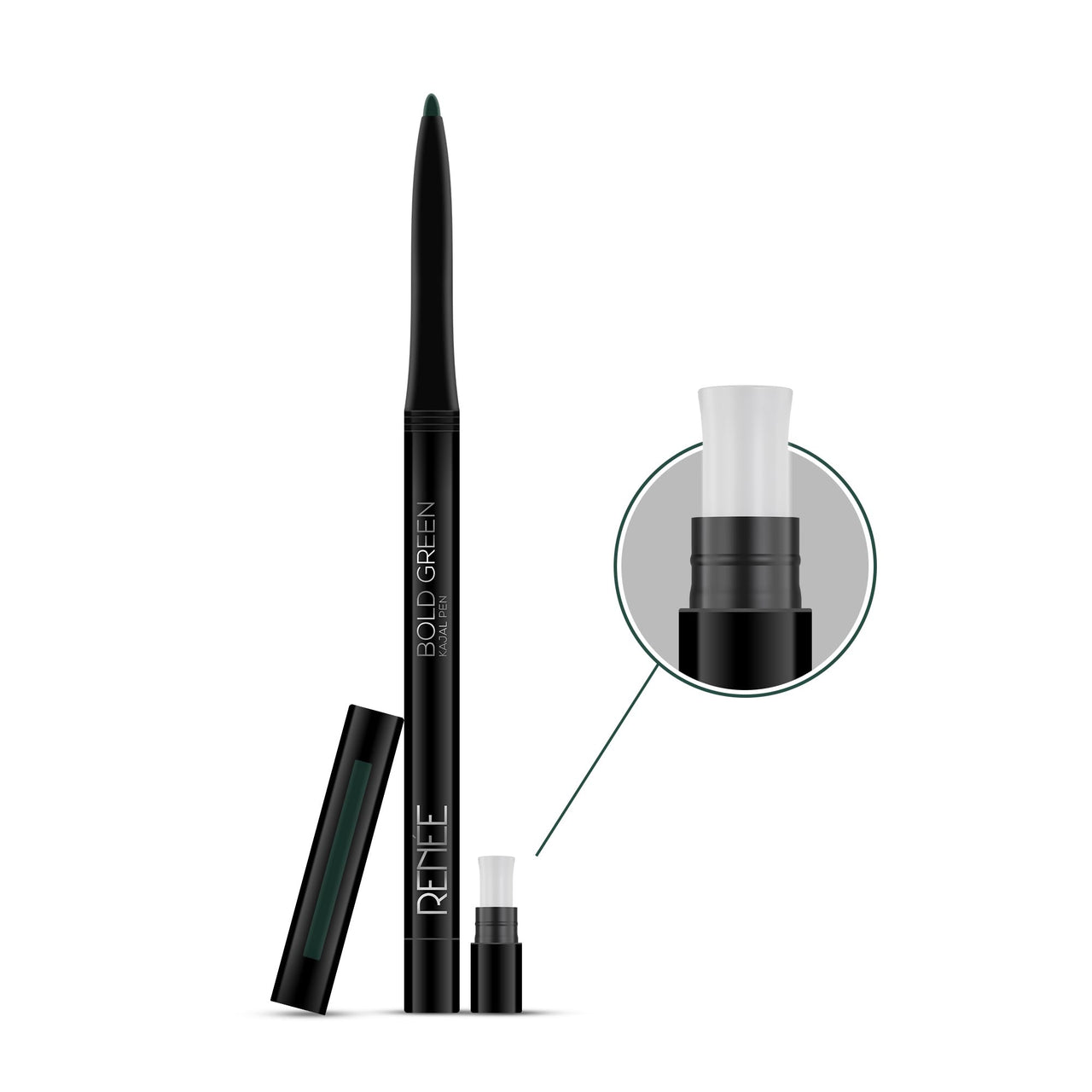 RENEE Kajal Pen with Sharpener - Bold Green 0.35gm 24 Hrs Stay Long Lasting Kohl Pencil, Matte Finish, Rich Color Payoff, Smudge & Water Proof with One Swipe Application Formula