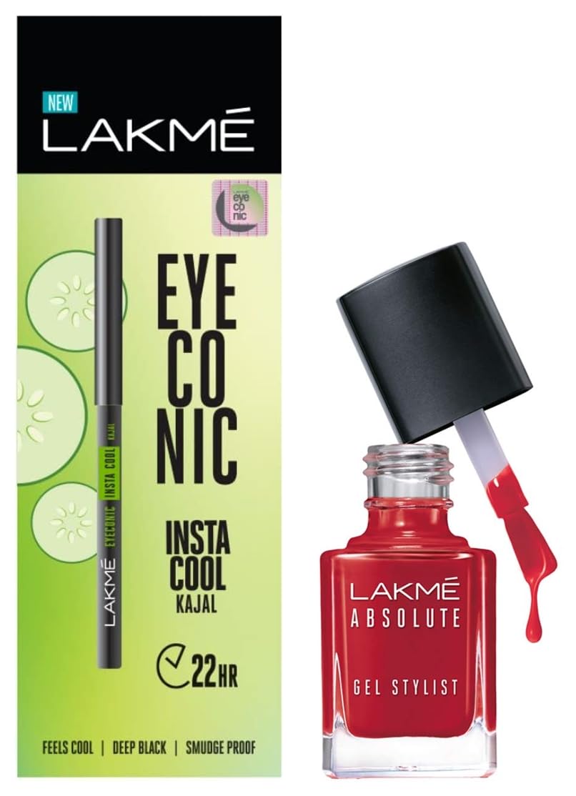 Lakmé Absolute Gel Stylist Nail Color, Scarlet Red, 12 ml & Lakmé Eyeconic Insta Cool Kajal|| Black|| 0.35 g