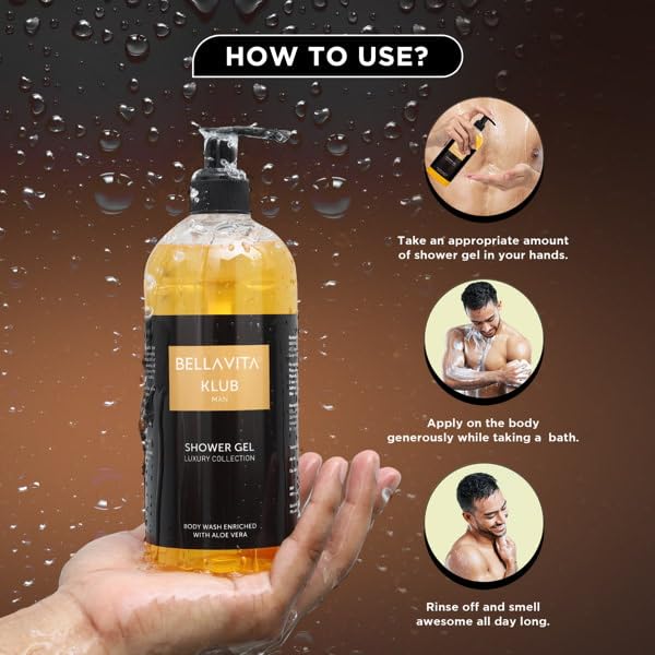 Bella Vita Luxury KLUB Man Body Wash Refreshing Shower Gel for Deep Cleansing, Hydrating, Moisturising, Softer & Smoother Skin with Aloe Vera 500 Ml