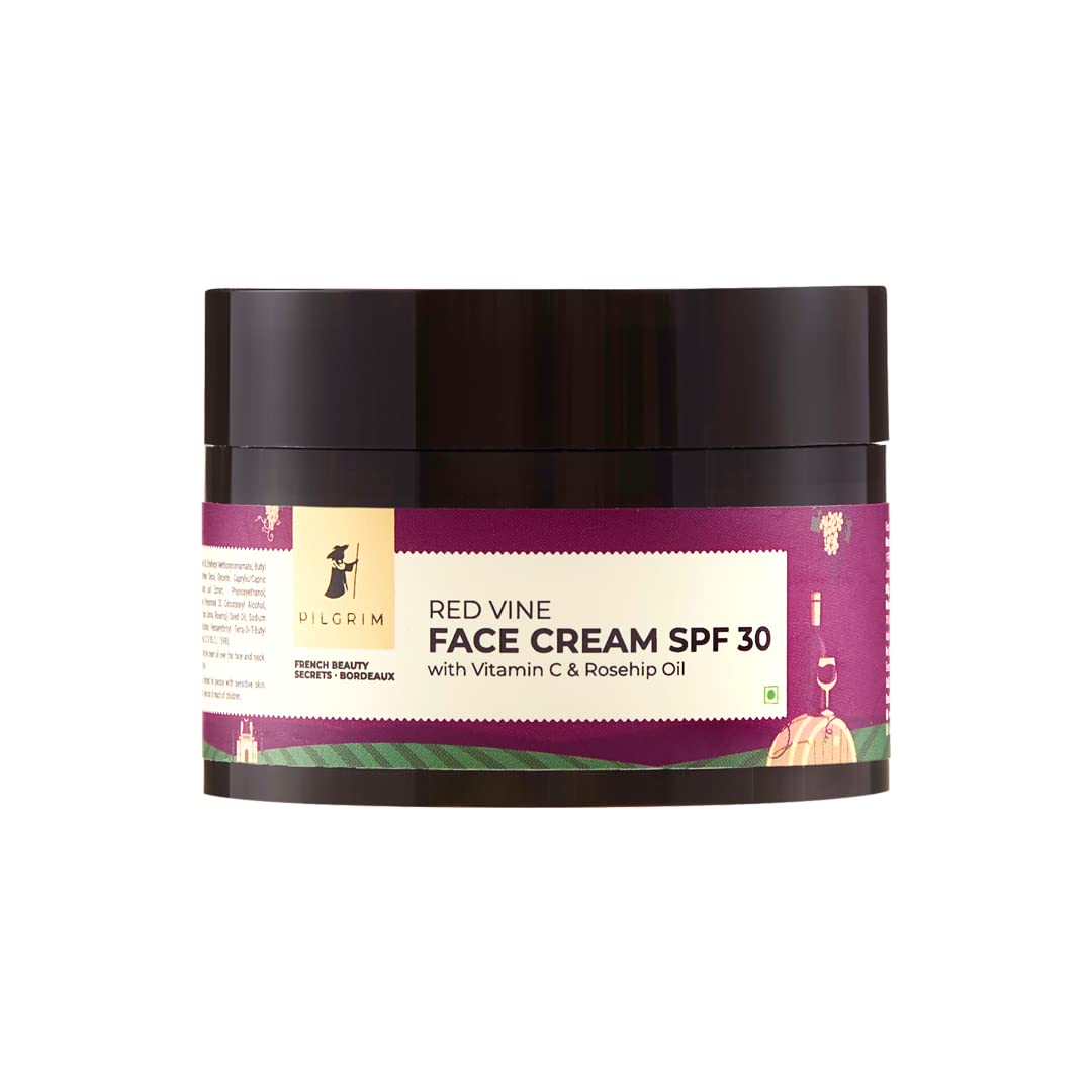Pilgrim French Red Vine Face Cream with SPF 30 Sunscreen, Rosehip Oil & Vit C For Anti Ageing, Sun Protection PA+++, Daily Use, Dry, Oily, Combination Skin, Men & Women, 50g
