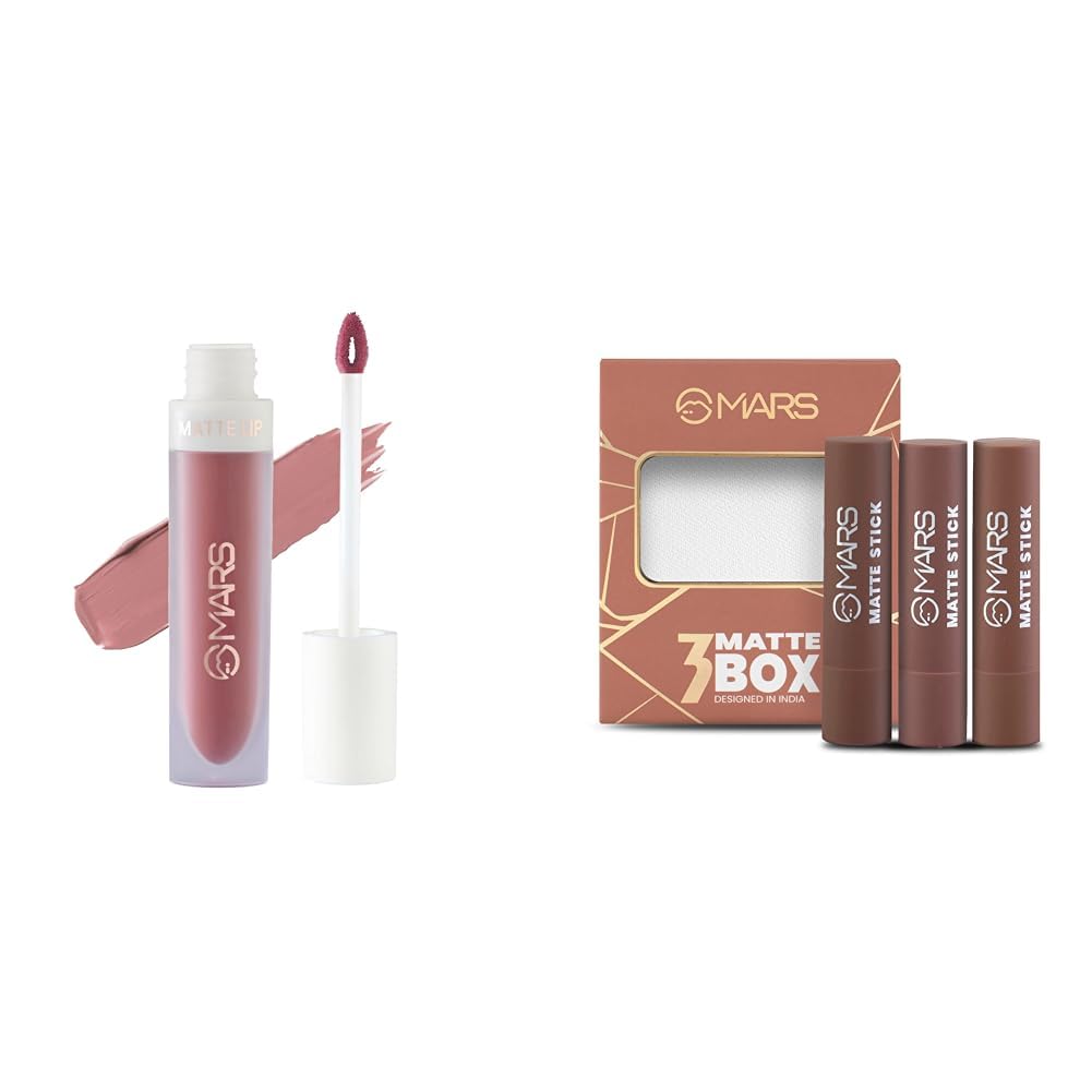 MARS Matte Liquid Lip Color | Long Lasting | Non-Transfer & Waterproof Lipstick for Women (4.5 ml) (03-Blow a Kiss) Matte Box Set of 3 Lipsticks for Women (3x3.2 gm) (04-Brown)