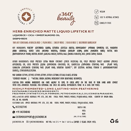 Just Herbs Ayurvedic Liquid Lipstick Kit Set of 5 with Long Lasting Matte Finish, Hydrating & Lightweight Lip Colour, Deeps & Reds - Paraben & Silicon Free - 5 ml